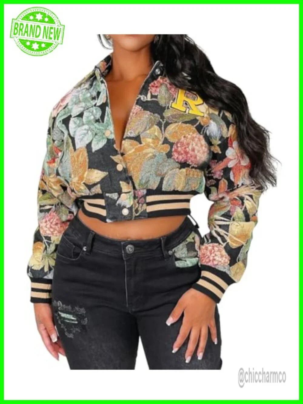 Cropped Floral Print Bomber Jacket Casual Button Down Coat